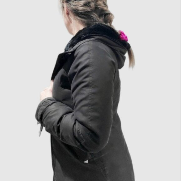 Black Mid Length Parka Coat with Interior Fur Lining - Picture 4 of 16